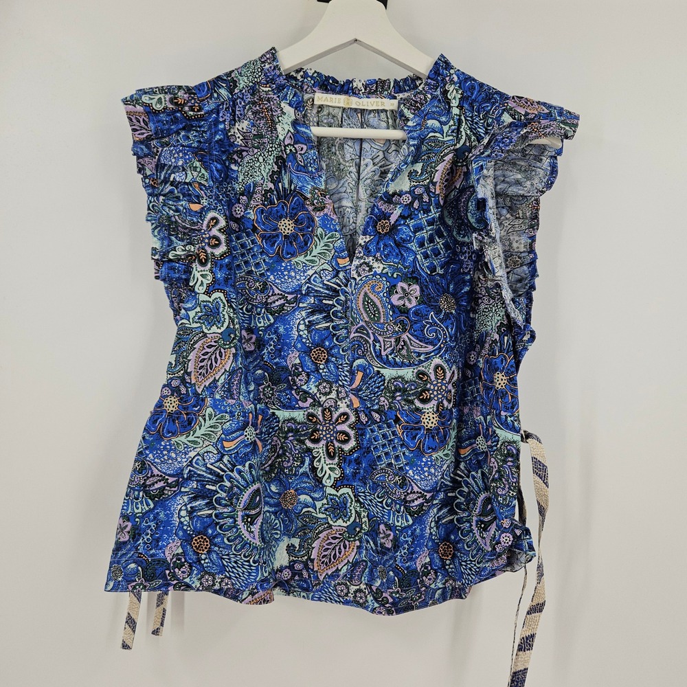 Marie Oliver Ruffle Peasant Blouse Top Blue Paisley Floral Boho V-neck Size XS